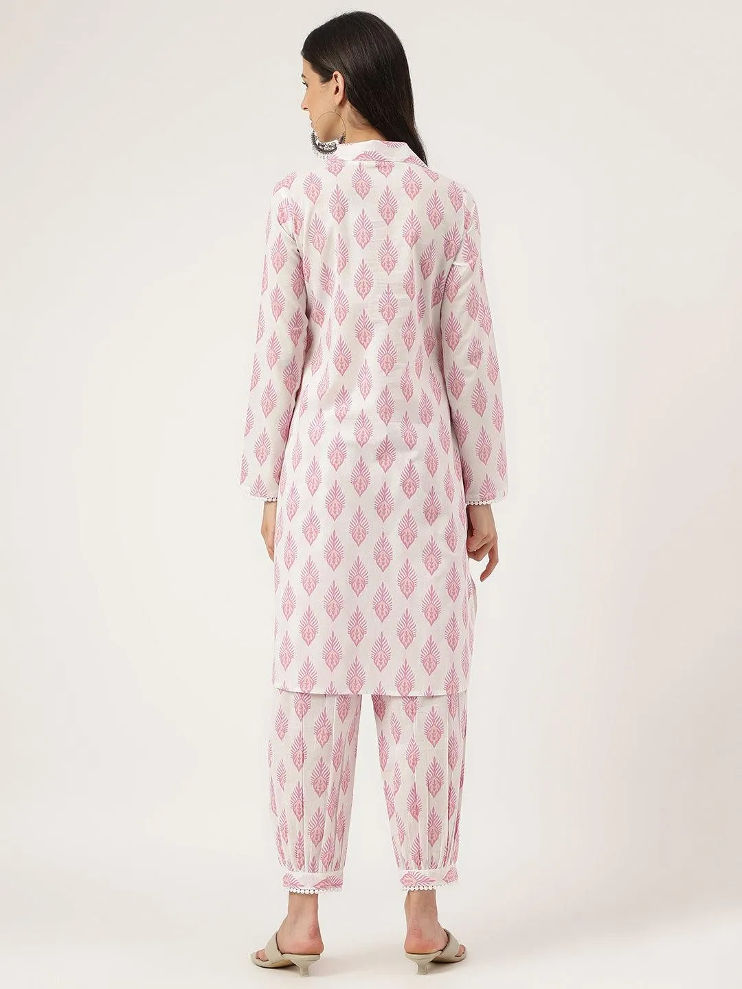 White Cotton Straight Kurta Hem Cuffed Pant Set