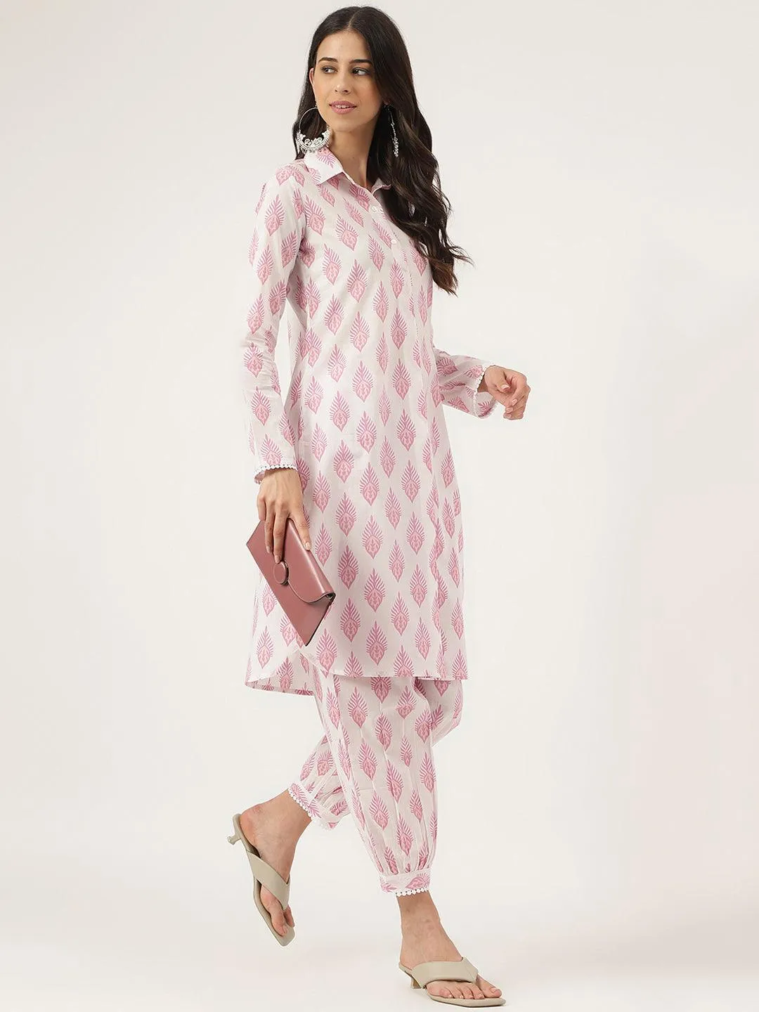 White Cotton Straight Kurta Hem Cuffed Pant Set