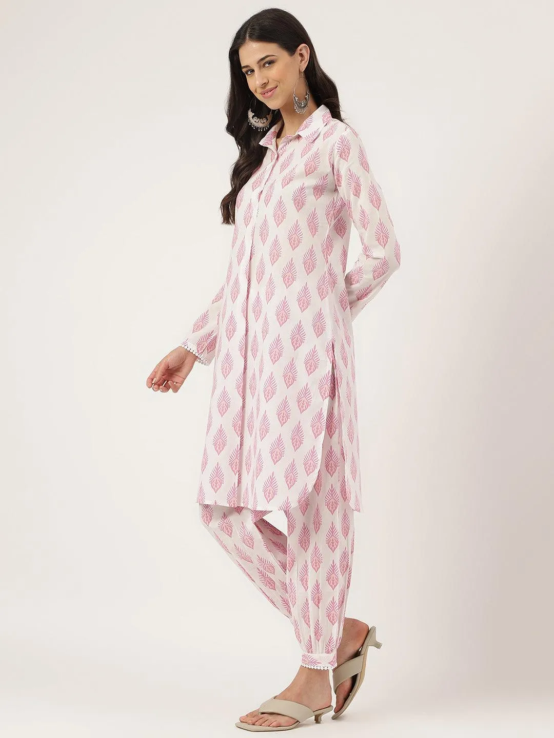 White Cotton Straight Kurta Hem Cuffed Pant Set