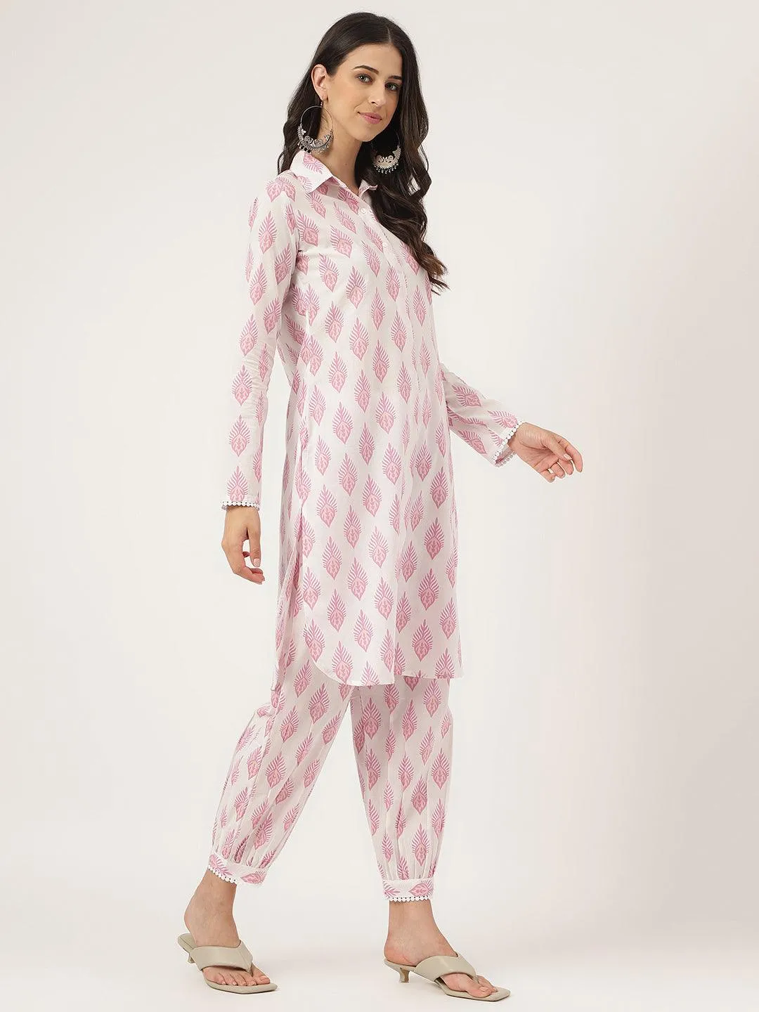 White Cotton Straight Kurta Hem Cuffed Pant Set