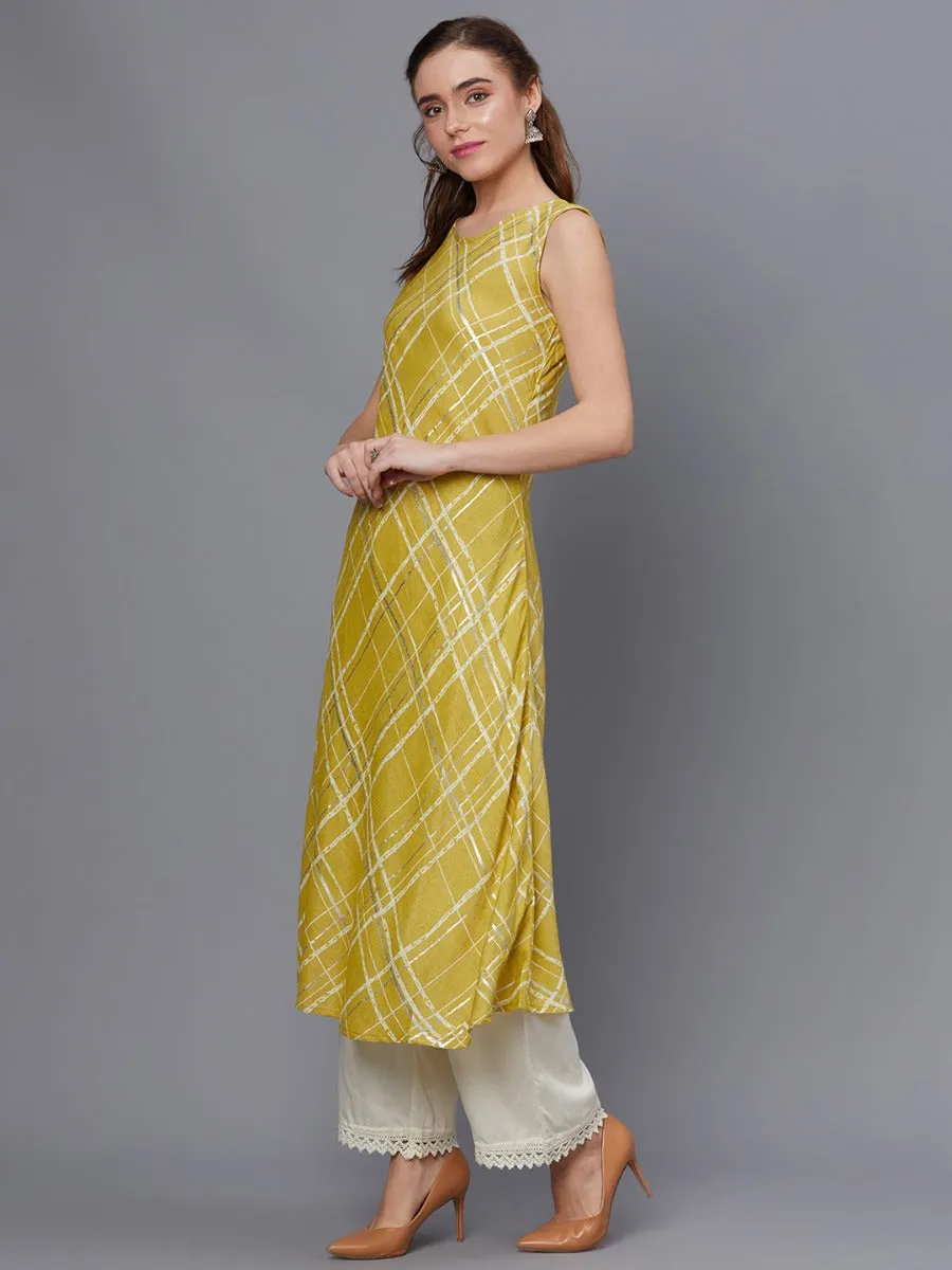 Women Green Checked Kurta Pant Dupatta