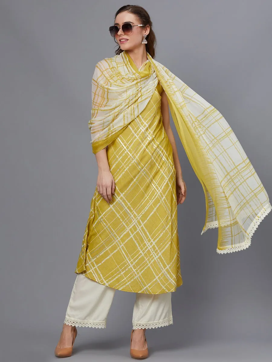 Women Green Checked Kurta Pant Dupatta