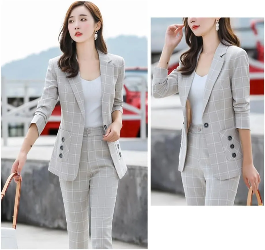 Women's Checked One Button Blazer for Uniform Formal Party Notch Lapel Suit Coat