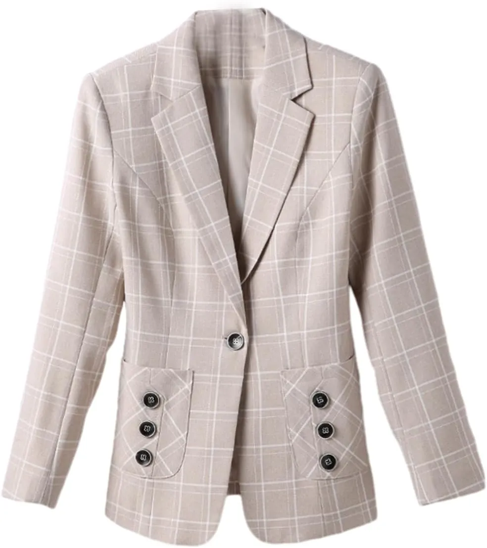 Women's Checked One Button Blazer for Uniform Formal Party Notch Lapel Suit Coat