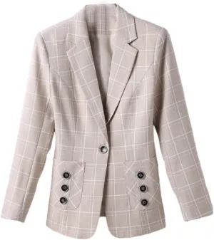 Women's Checked One Button Blazer for Uniform Formal Party Notch Lapel Suit Coat