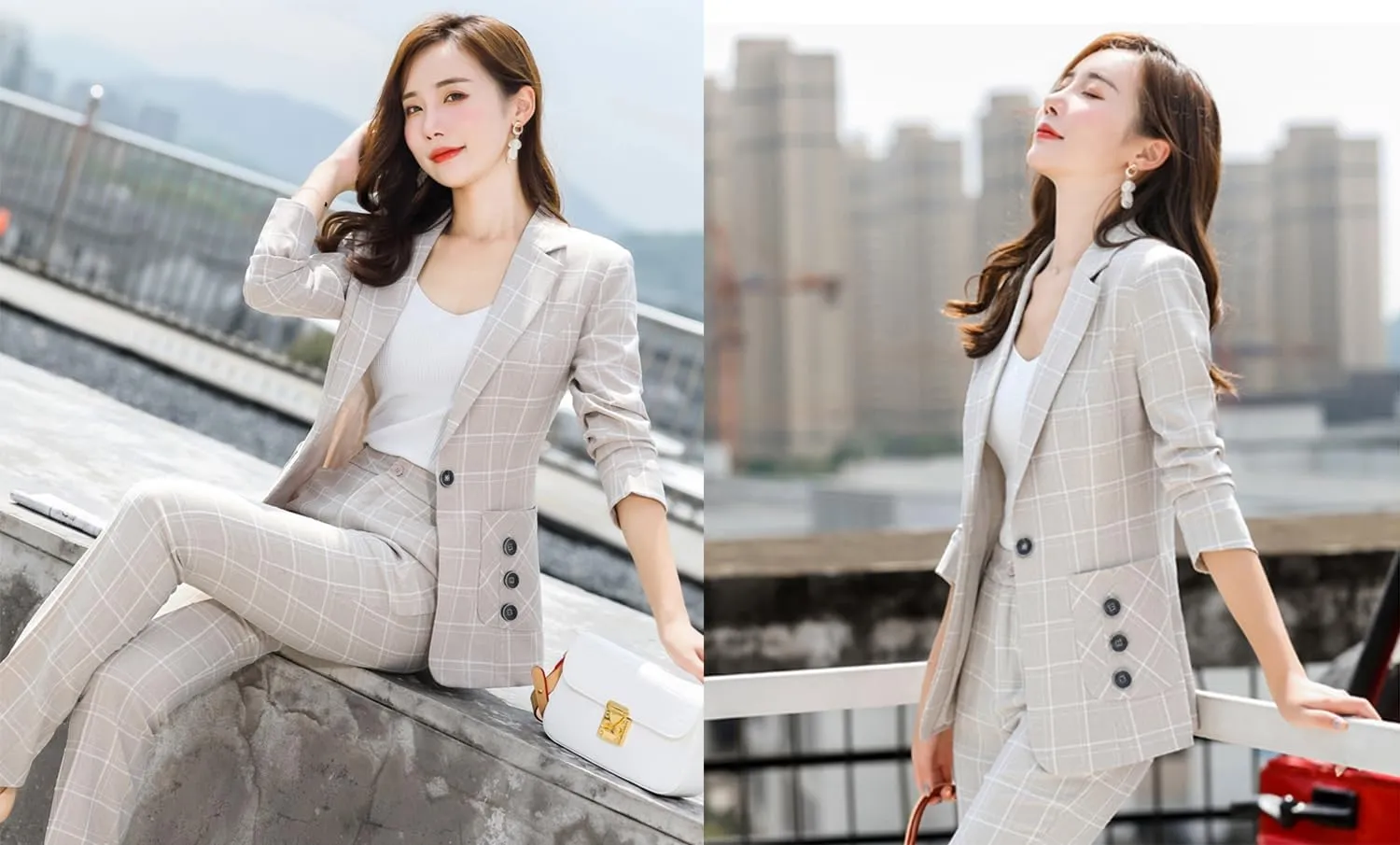 Women's Checked One Button Blazer for Uniform Formal Party Notch Lapel Suit Coat