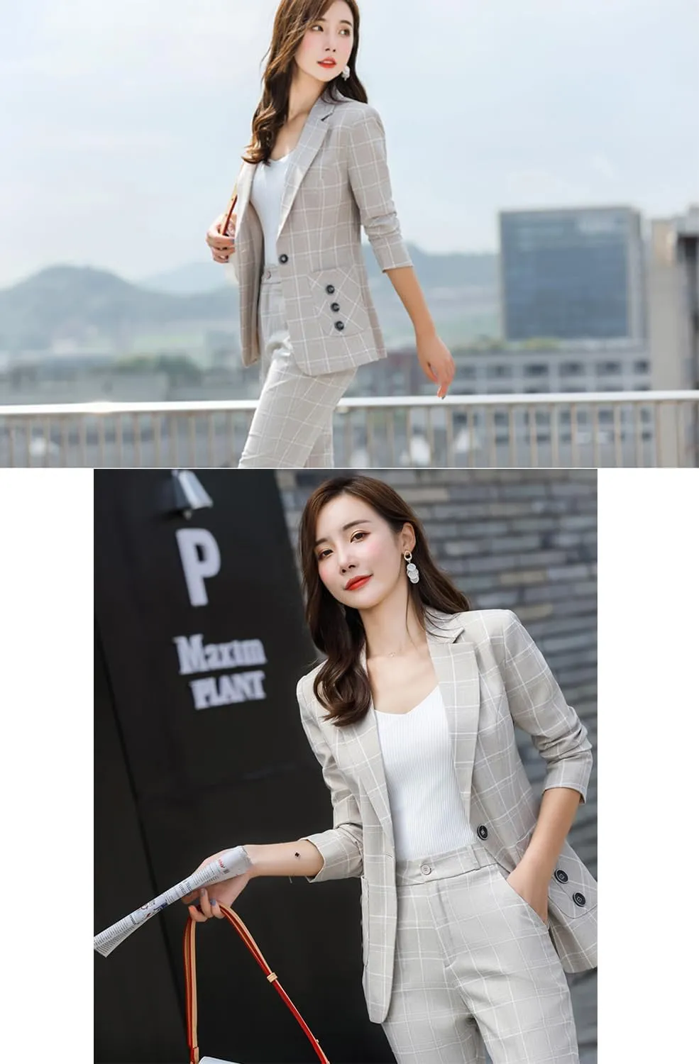 Women's Checked One Button Blazer for Uniform Formal Party Notch Lapel Suit Coat
