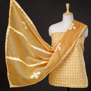 Yellow - 3pc Barmer Applique Cut Work Cotton Suit Material Set
