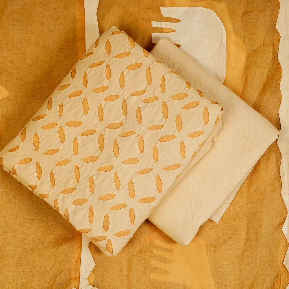 Yellow - 3pc Barmer Applique Cut Work Cotton Suit Material Set