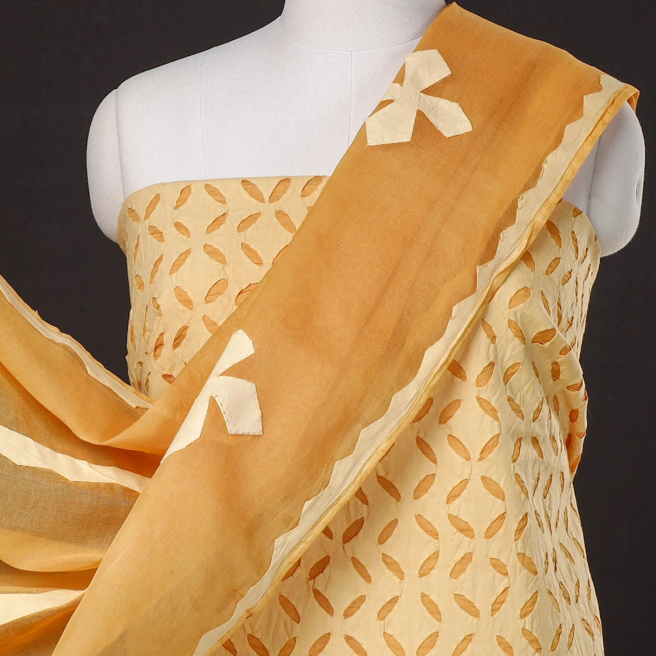 Yellow - 3pc Barmer Applique Cut Work Cotton Suit Material Set